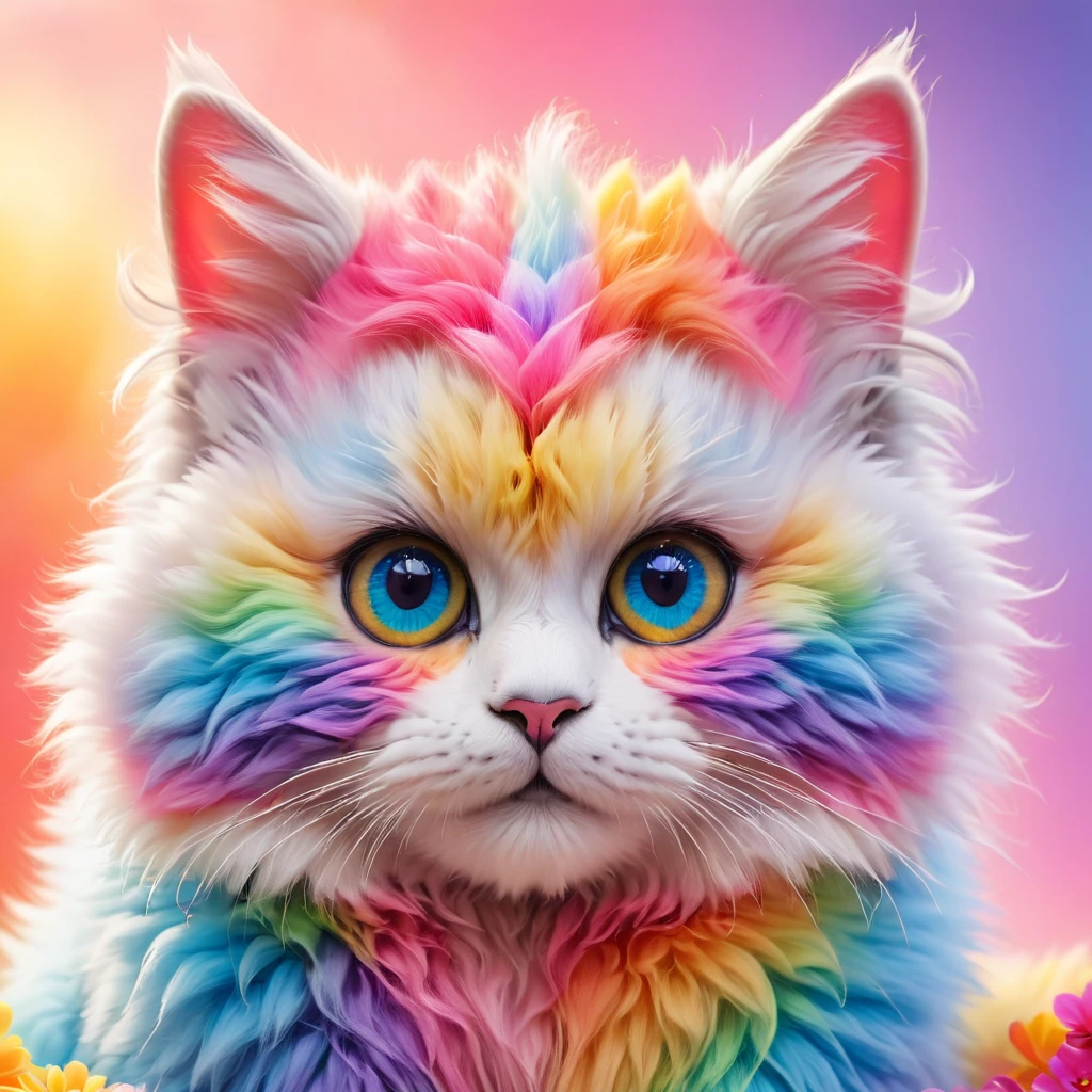 Cute rainbow Fluffy ninja cat with beautiful eyes clowerful,clowerful nature background