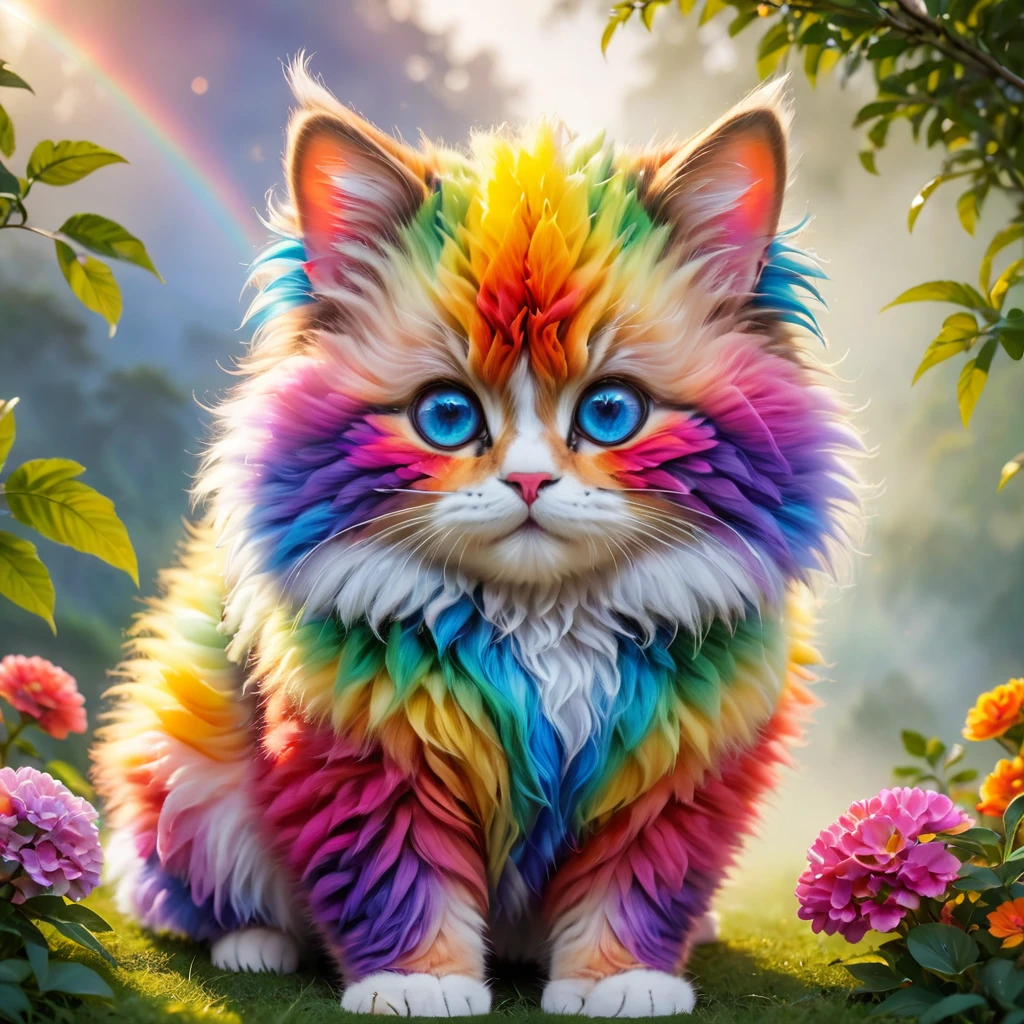 Cute rainbow Fluffy ninja cat with beautiful eyes clowerful,clowerful nature background