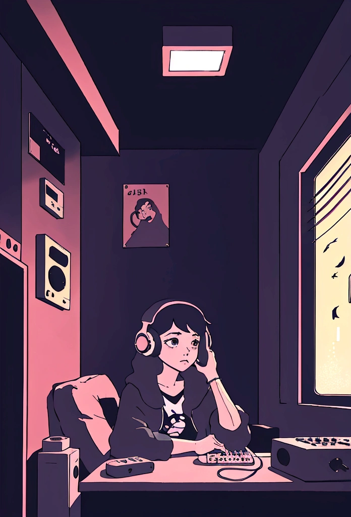 Girl listening to music in a cozy room at night, Using headphones, 2D style anime, Lo-fi, hard disk, Dark environment