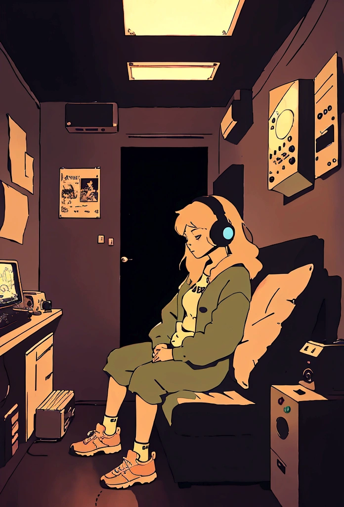 Girl listening to music in a cozy room at night, Using headphones, 2D style anime, Lo-fi, hard disk, Dark environment
