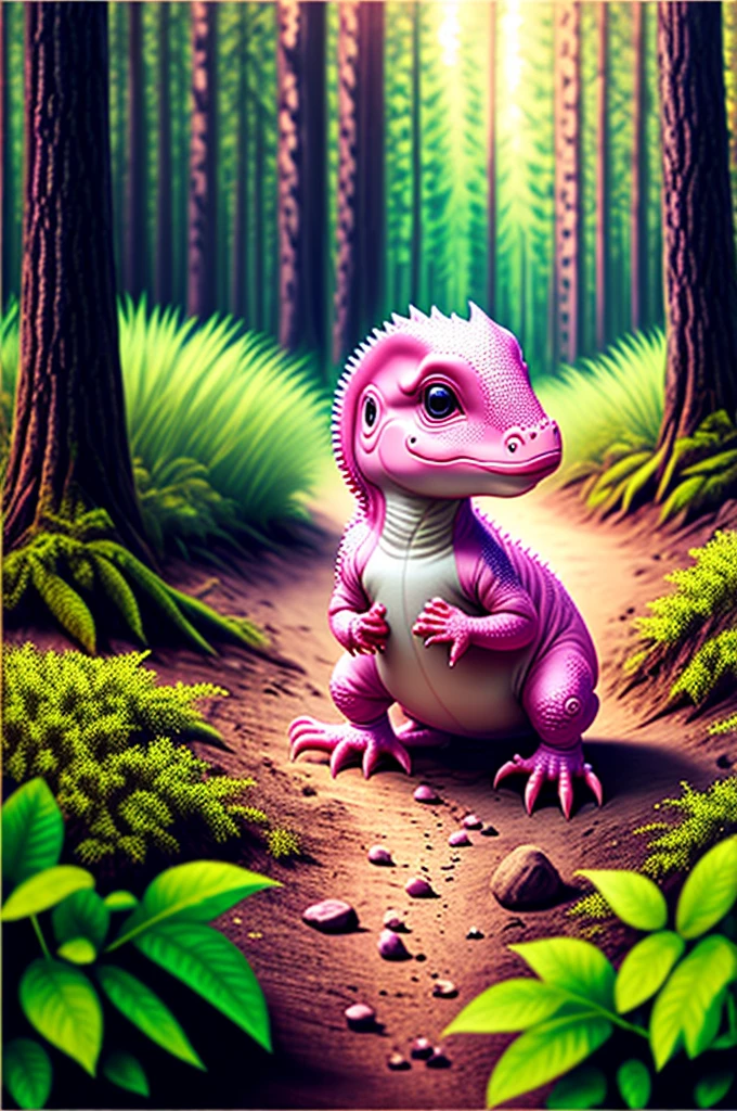 pink baby dinosaur playing in the woods, 