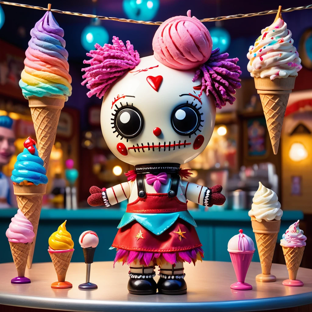 (knitted toy voodoo doll:1.7), (Voodoo Exotic Ice Cream Master:1.3), (Clothing: colorful apron with glowing ice cream cone designs:1.0), (Accessories: enchanted ice cream scoop, glowing cone, magical topping dispenser:1.2), (background: whimsical ice cream parlor with floating scoops, glowing flavors, and mystical sprinkles:1.2), best quality, masterpiece, detailed soft oil painting, detailed background, dramatic cinematic lighting, soft edge lighting, professional, dramatic lighting, hard edge lighting, ultra quality, 4k,masterpiece, best quality, 8k, ultra highres, highres, extremely detailed