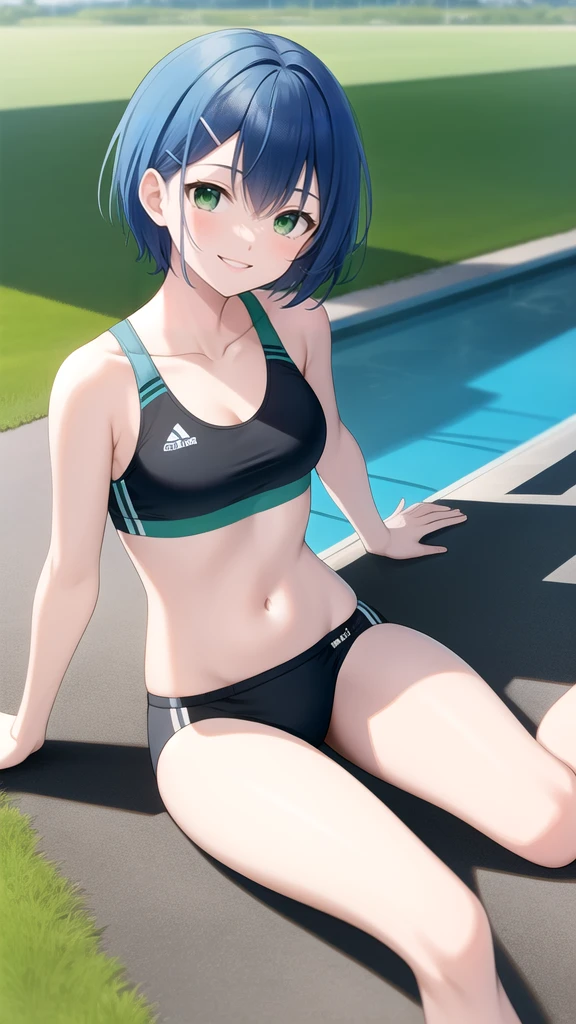 An active 18-year-old girl、Wearing a competitive swimsuit、Mouth open with a surprised expression、Standing with hands on hips、Realistically painted under a brightly lit pool、High resolution images。The water is up to my belly button。