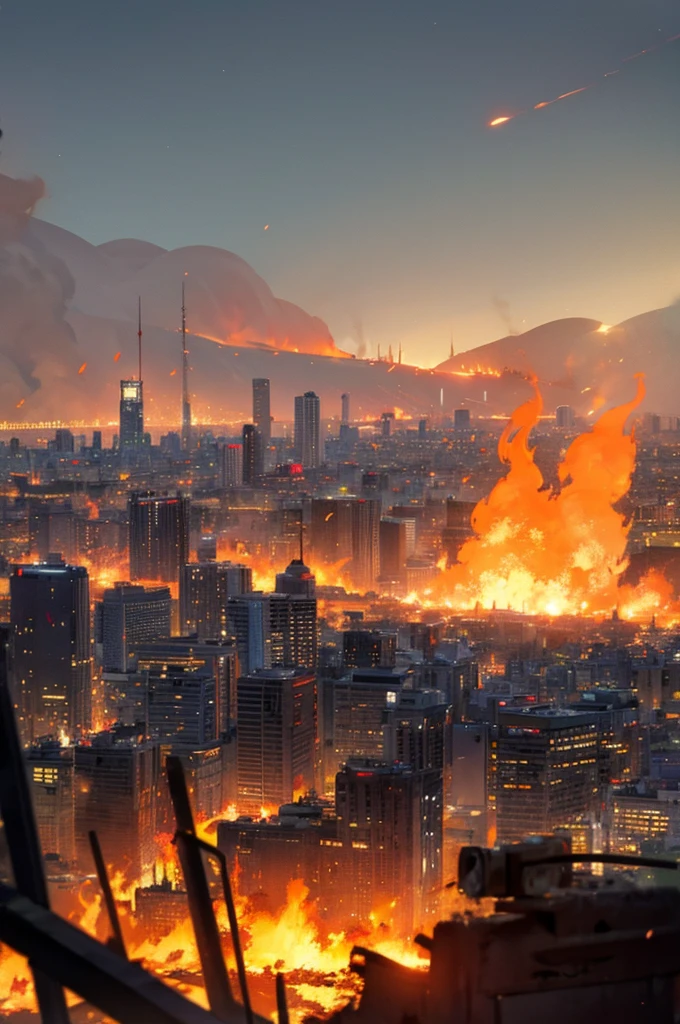 a city in the background completely destroyed and full of flames with orange fire with maximum details and out of focus