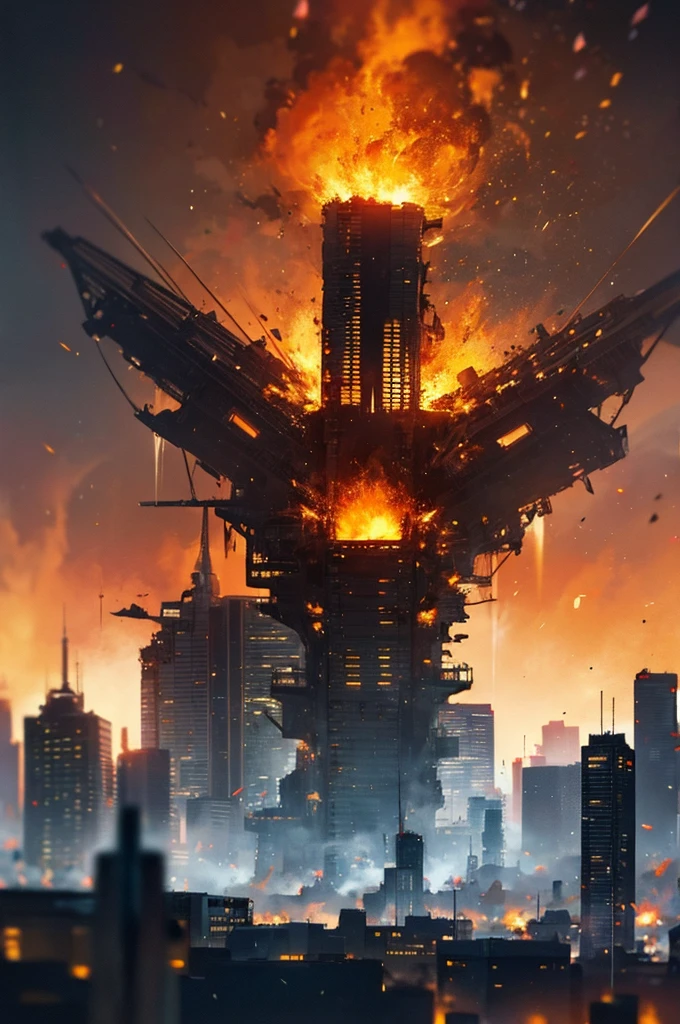 a city in the background completely destroyed and full of flames with orange fire with maximum details and out of focus