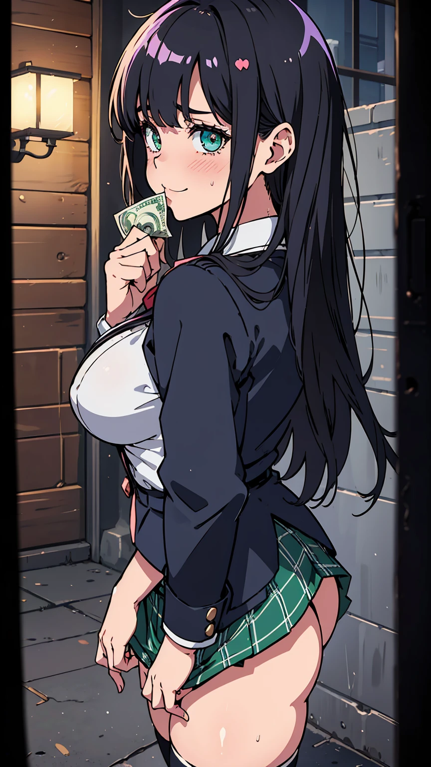Hold a banknote in your mouth、2 people、おじさんとgirl、high school girl、aid communication、Get money from your uncle、midnight、Being watched closely by an old man、Holding money in one hand、Grinning shyly、high school girl、Browsing Caution, 1boy and 1girl, In underwear、Back alley at night、ager、Blazer Uniform、Beautiful woman、Very thick thighs、Very short skirt、Roll up your skirt to show your panties、Spread your legs wide、Seduce the audience、Best image quality、High resolution、masterpiece、super high quality、Thick pubic hair、Have money in your hands、Light green lace panties、Very big ass、Very large breasts 、Blushing、4K quality、Wearing black knee socks、Sweaty all over、Heavy breathing、{Highest quality}, {so beautiful}, {Very detailed}, {Best illustrations}, Browsing Caution, girl,