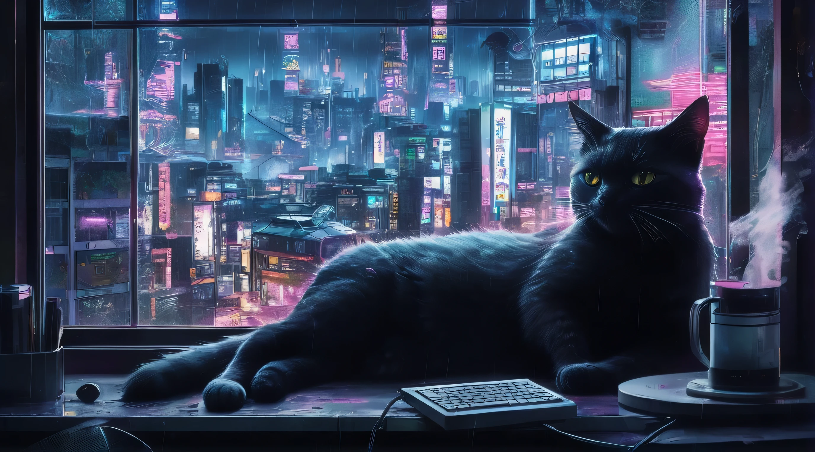 There's a cat that's sitting on a windowsill, cyber punk cat, cyber punk art style, in cyber punk aesthetic, cat attacking tokyo, rainy cyber punk city, cyberfied, cyber punk aesthetics, 4k cinematic wallpaper, cyber punk aesthetic, 4k cinematic wallpaper, cyber punk themed art, cyber punk art, in cyber punk style, cyber punk atmosphere, cyber punk))), cyber punk anime art, computer wallpaper