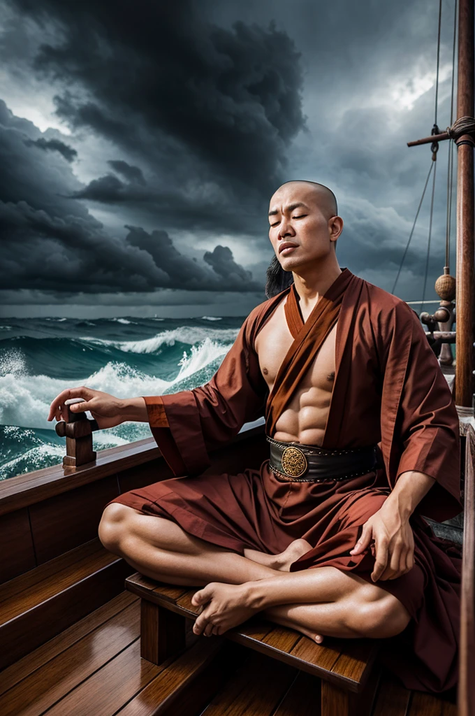 An asian monk wearing traditional clothes meditating with eyes closed atop a Viking Longship in the stormy sea