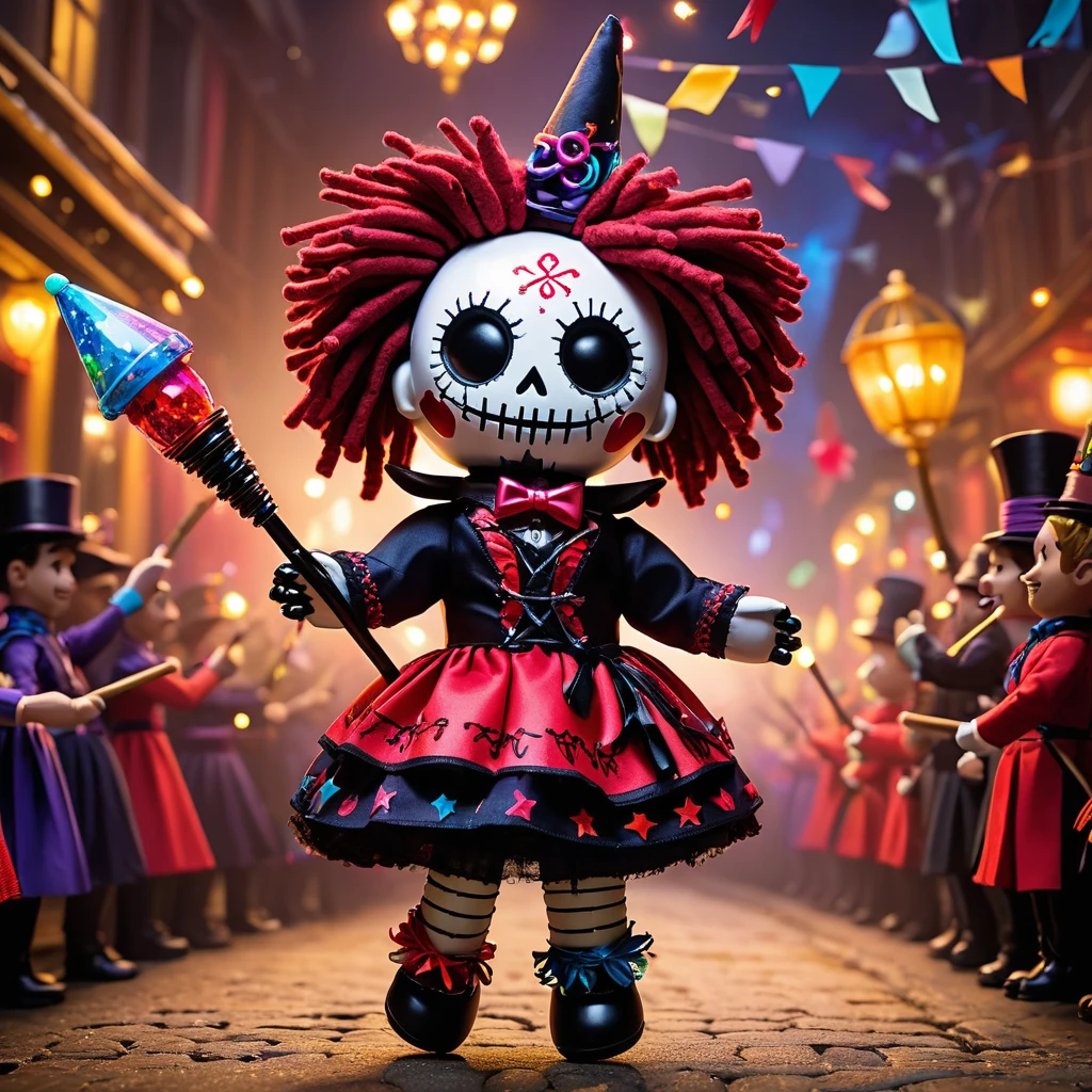 (knitted toy voodoo doll:1.6), (Voodoo Parade Guide:1.3), (Clothing: festive uniform with glowing parade symbols:1.0), (Accessories: enchanted baton, glowing guidebook, magical whistle:1.2), (background: lively parade route with floating confetti, glowing floats, and mystical performers:1.2), best quality, masterpiece, detailed soft oil painting, detailed background, dramatic cinematic lighting, soft edge lighting, professional, dramatic lighting, hard edge lighting, ultra quality, 4k,masterpiece, best quality, 8k, ultra highres, highres, extremely detailed
