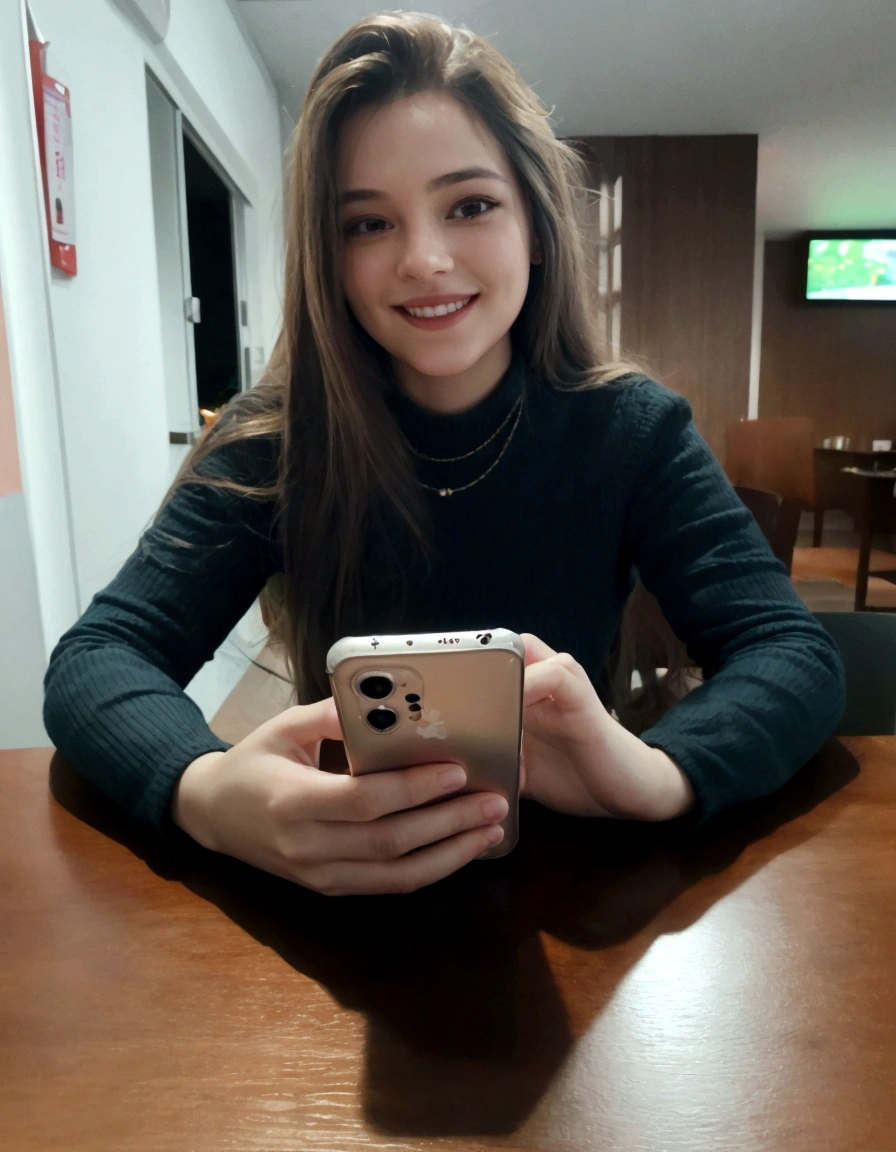 smiling woman sitting at a table with a cell phone in her hand, she is holding a smartphone, checking her phone, low quality photo, holding a very advanced phone, selfie of a young woman, powder Nándor Katona, 8k selfie photograph, checking her cell phone, cell phone photo, low quality photograph, goddess checking her phone