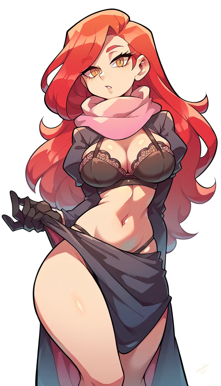 a girl princess tall sexy big breast pretty beauty attractive long red hair round her yellow eye shine pink scarf wide neck dresses beautiful black bra shape red flames shows navel curve wide sexy and a black thong thighs sensual wears black boot big long military black gloves