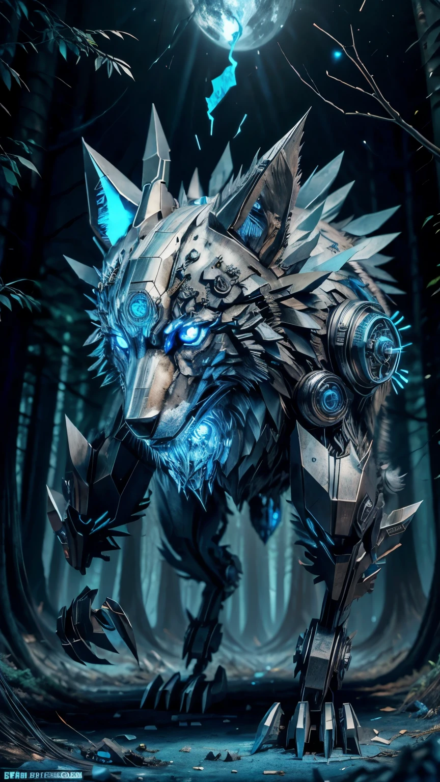 A Mechanical Wolf, metal with blades on the back blue eyes with blue fire, with giants, Very sharp claws, No fundo, a forest with several burning wreckages. ultra-realistic image, detailded.