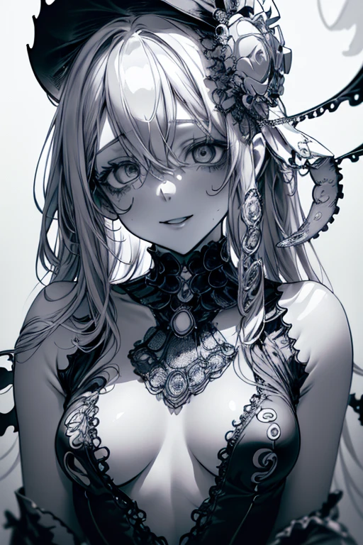 Top Quality, (Background detail), Full Length, High Contrast, Super Beautiful Girl, Detailed Original Illustration, Sensual, Delicate Face, Charming, Sexy, Real Breasts, Small Breasts, Crazy Smile, Crazy Eyes, White background, (White background: 1. 5), Beautiful line drawing, Monochrome, Tentacle growing