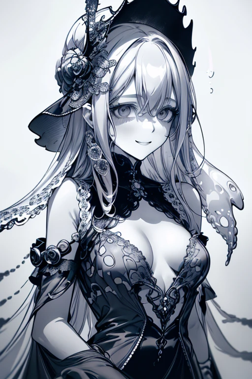 Top Quality, (Background detail), Full Length, High Contrast, Super Beautiful Girl, Detailed Original Illustration, Sensual, Delicate Face, Charming, Sexy, Real Breasts, Small Breasts, Crazy Smile, Crazy Eyes, White background, (White background: 1. 5), Beautiful line drawing, Monochrome, Tentacle growing