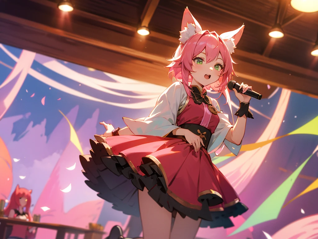 kitsune idol in a tavern, foxgirl, pink fox ears, pink fox tails, pink hair, green eyes, light blue idol dress, tavern background, high quality, masterpiece, singing