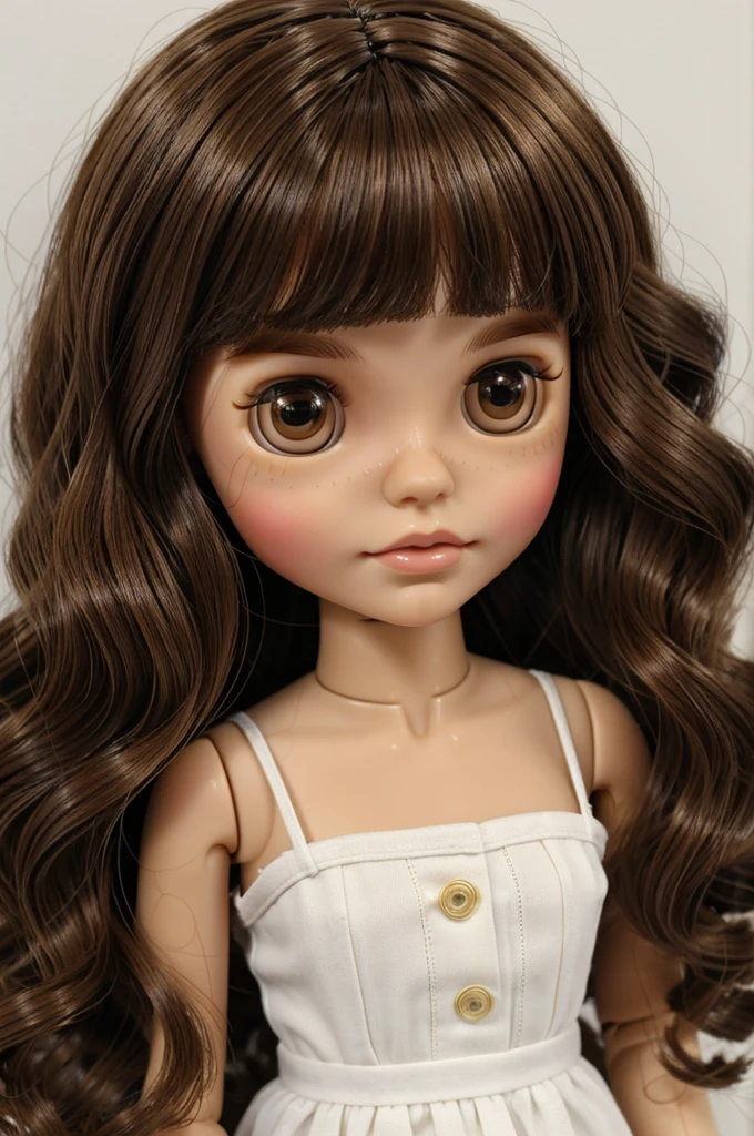 Blythe doll Brown hair with shoulder-length waves, brown eyes and no bangs and white