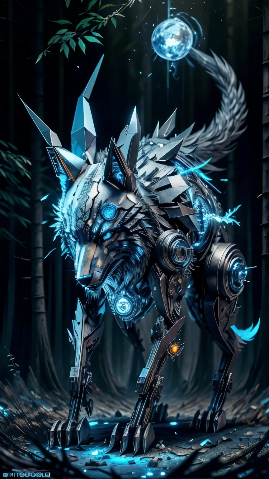 A Mechanical Wolf, metal with blades on the back blue eyes with blue fire, with giants, Very sharp claws, No fundo, a forest with several burning wreckages. ultra-realistic image, detailded.