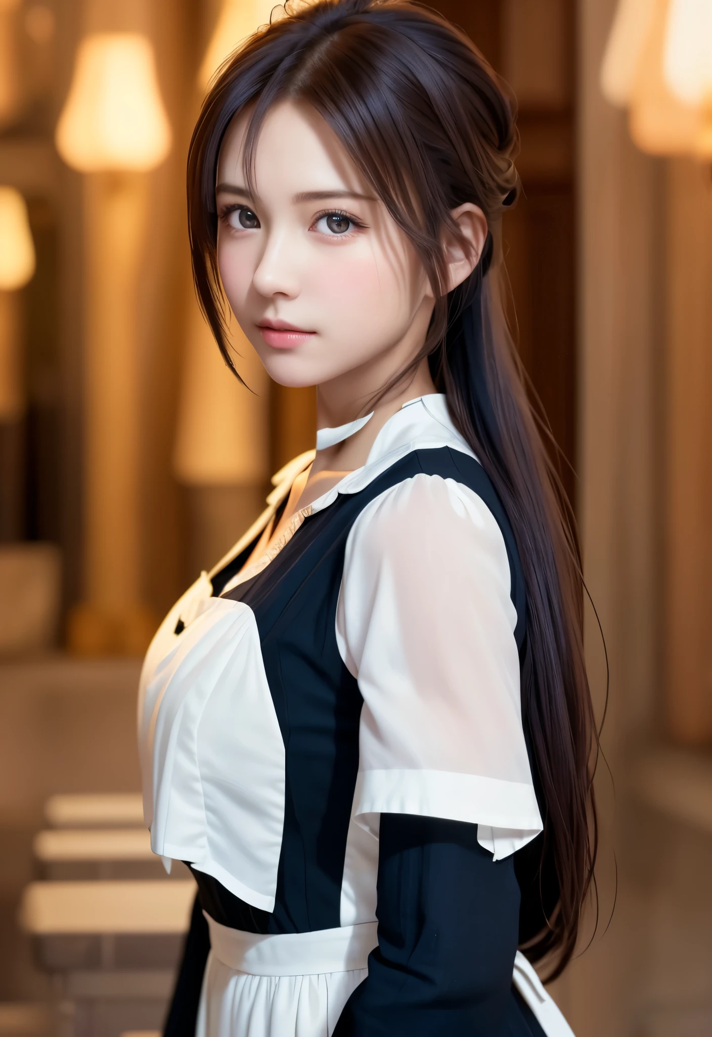 8K, of the highest quality, masutepiece:1.2), (Realistic, Photorealsitic:1.37), of the highest quality, masutepiece, Beautiful young woman, Pensive expression,、A charming、and an inviting look, Cute Maid Clothes, Hair tied back, Cinematic background, Light skin tone