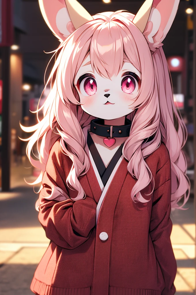 young furry cute little bunny girl with long messy brown hair, RED eyes, wearing a black and red Japanese , wearing a pink pet collar