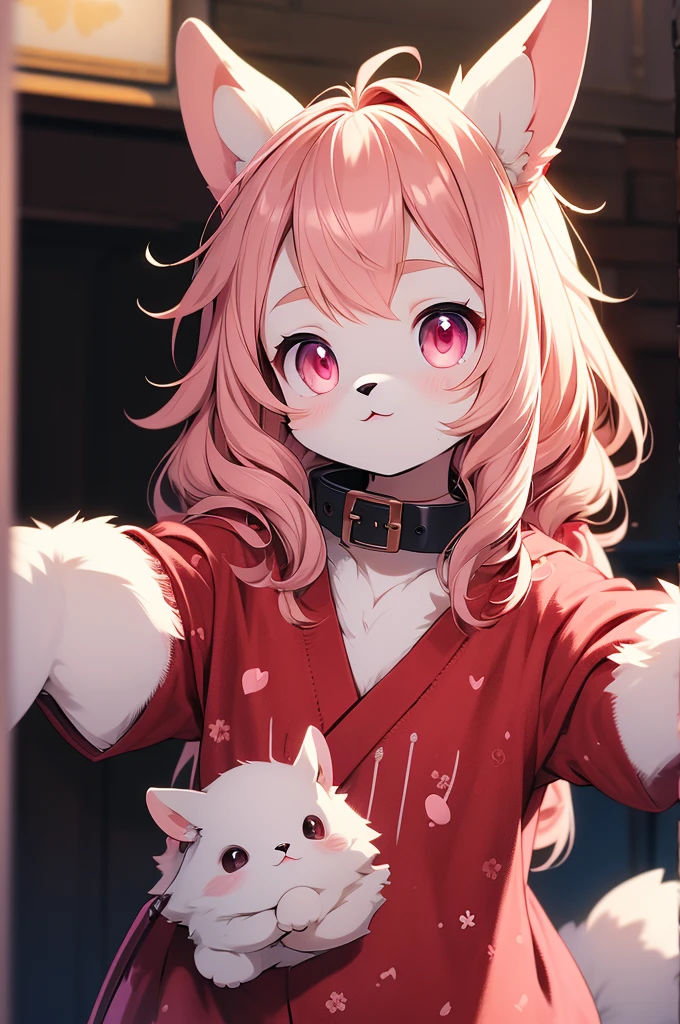 young furry cute little bunny girl with long messy brown hair, RED eyes, wearing a black and red Japanese , wearing a pink pet collar