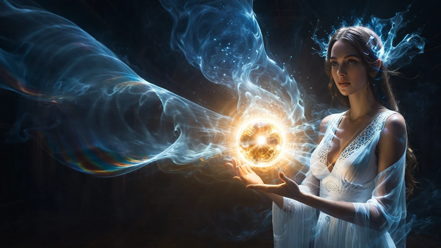 The goddess who controls the light beam, holding a glowing magical ball with beautiful spirit spreading out, backlight, surrealism, godhead, cyber surge, blue-black tones, light shining through the smoke, scattering, refraction, diffuse reflection, tyndall effect, Brownian motion, light beam, dark environment.