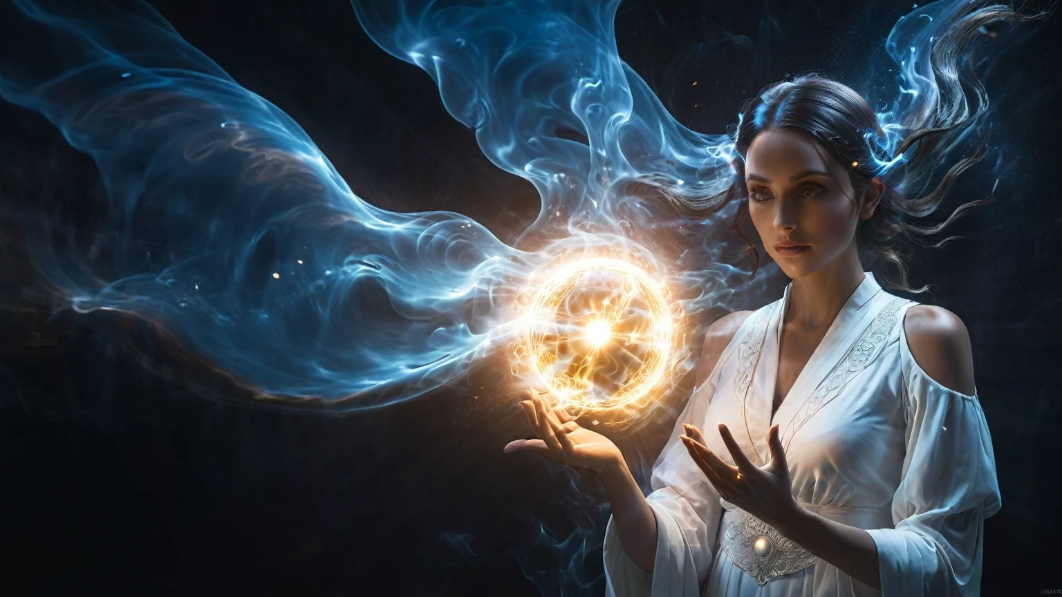 The goddess who controls the light beam, holding a glowing magical ball with beautiful spirit spreading out, backlight, surrealism, godhead, cyber surge, blue-black tones, light shining through the smoke, scattering, refraction, diffuse reflection, tyndall effect, Brownian motion, light beam, dark environment.