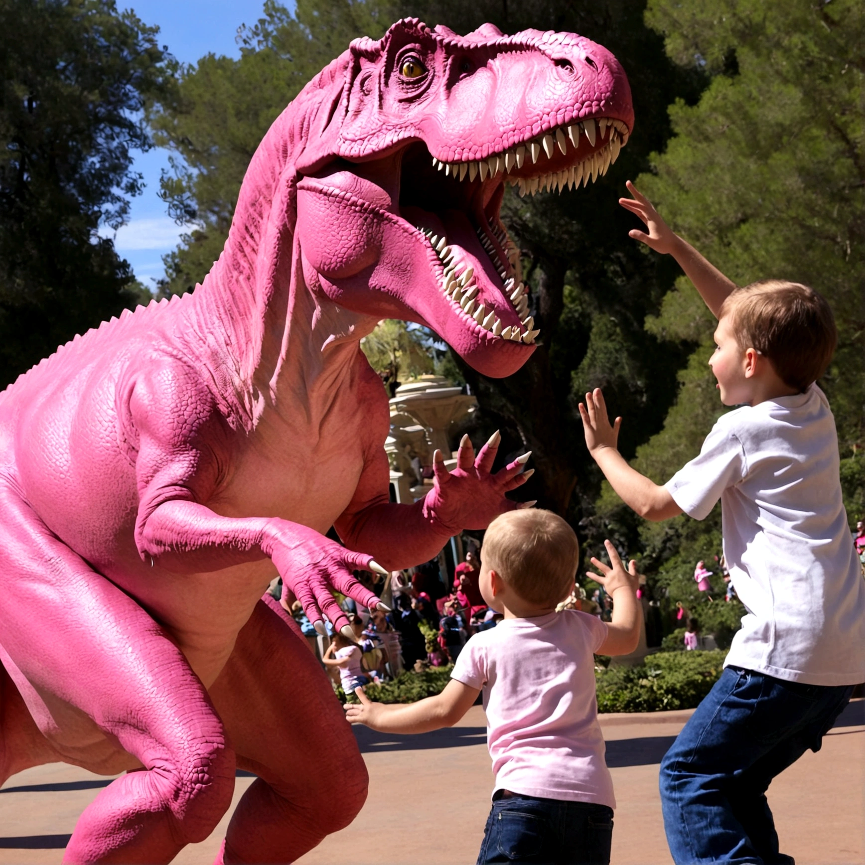 A pink man sized tyrannosaurus dances and plays with some human children, set in Disney land