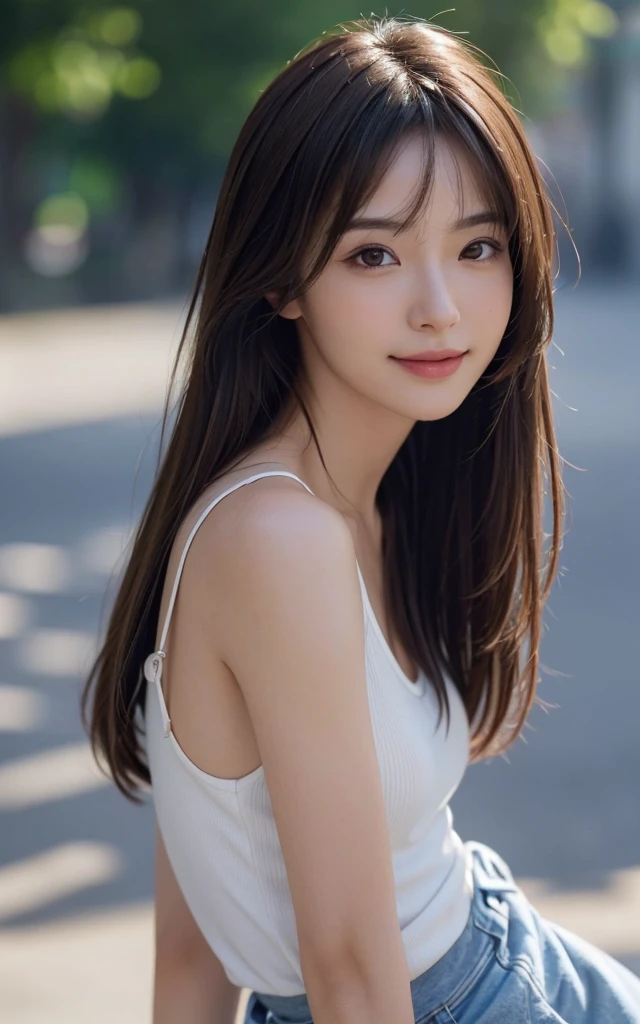 masutepiece, The highest image quality, High quality, Beautiful woman, Japanese, Detailed, Detailed eyes, Detailed skin, Beautiful skin, Ultra High Resolution, (reality: 1.4),Very beautiful, Slightly younger face, Beautiful skin, slender, (A hyper-realistic), (hight resolution), (8K), (Very detailed) (beautifully detailed eyes), (super detailed), Tank top, Skirt, (Wallpaper), (Detailed face), Looking at Viewer, Fine details, Detailed face, Smiling, Looking straight ahead, Looking straight ahead, angle from waist up, photos realistic, Bright lighting, Professional Lighting, Mature Woman, Brown hair, Shoulder-length straight hair swaying in the wind, long stylish bangs,