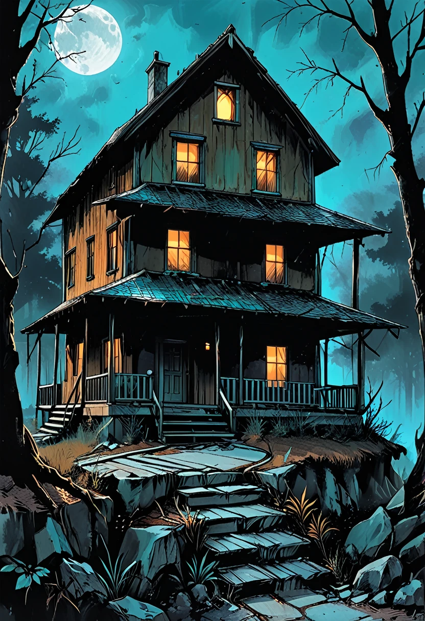 Create an image of a mysterious house at night. The scene should be dark with a teal sky in the background. The house should have an illuminated window with bright light streaming out, casting rays that penetrate the darkness. The structure of the house should be wooden with visible beams and a partially covered porch supported by wooden pillars. In the foreground, include some branches without leaves, adding to the eerie atmosphere. graphic style of novel comics, perfect hands, 2d,
8k, hyperrealism, masterpiece, high resolution, best quality, ultra-detailed, super realistic, Hyperrealistic art, high-quality, ultra high res, highest detailed, lot of details, Extremely high-resolution details, incredibly lifelike, colourful, soft cinematic light,