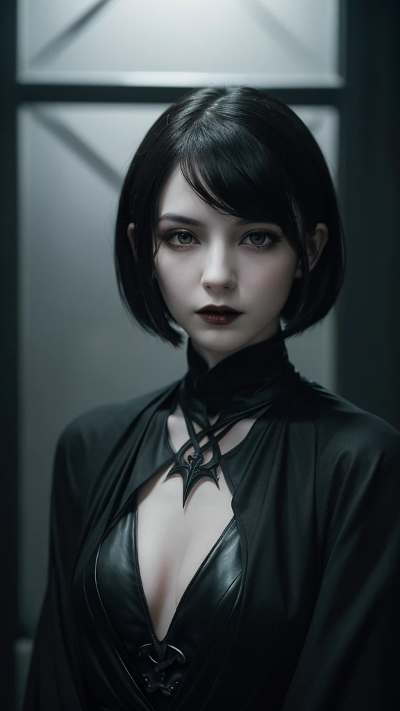 (high quality: 1.3), Cinematic shots, masterpiece, (Sharp focus: 1.5), (Realistic: 1.3), Medium portrait (Beautiful young vampire woman, Pale skin, Gothic, Still proud、intense, Straight black short bob hair, Dark look, Wearing a very finely crafted dark tunic, Dark atmosphere, but、Sculpting shapes with sharp chiaroscuro), It&#39;s night, (Highly detailed skin), (Detailed face),  Detailed Background, Dim lighting, dusk lighting, Volumetric lighting, Intricate details, Ultra-high resolution,