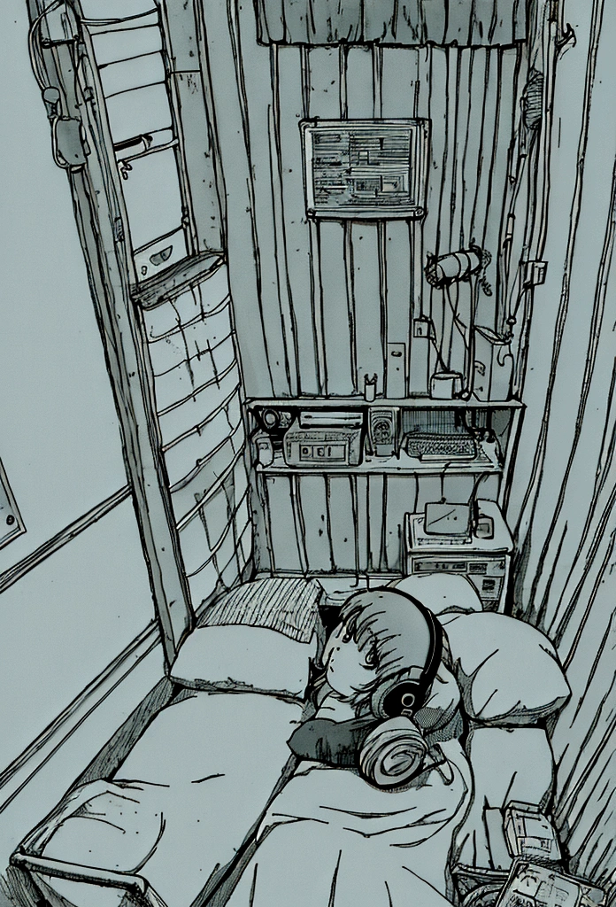 Girl listening to music in a cozy room at night, Using headphones, 2D style anime, Lo-fi, hard disk, Dark environment