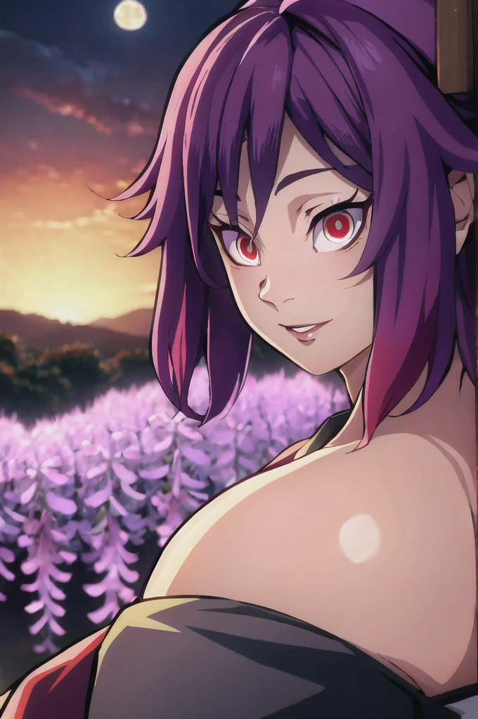 dynamic angle,ultra-detailed, illustration, close-up, straight on, best quality, masterpiece, topknot, medium hair, breasts apart, seductive smile, pants, anime, character, beta, yuzuriha, jigokuraku, kizuki, yuzuriha_(jigokuraku), purple hair, brown eyes, ninja, top knot, dress, perfect, [[delicate fingers and hands:0.55]::0.85],(detail fingers),(glowing eyes:1.233),(beautiful and detailed eyes:1.1),