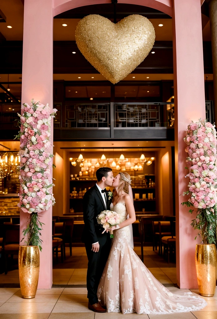 A creative image of a wedding at a glamorous Starbucks location. The bride and groom couple, elegant dresses, They share a passionate kiss amid lush pink and gold decor. Starbucks flags and hearts surround the couple, and deep down, candles and sophisticated decorations are seen. The atmosphere is that of an elegant and sophisticated marriage., but with a touch of originality and humor.