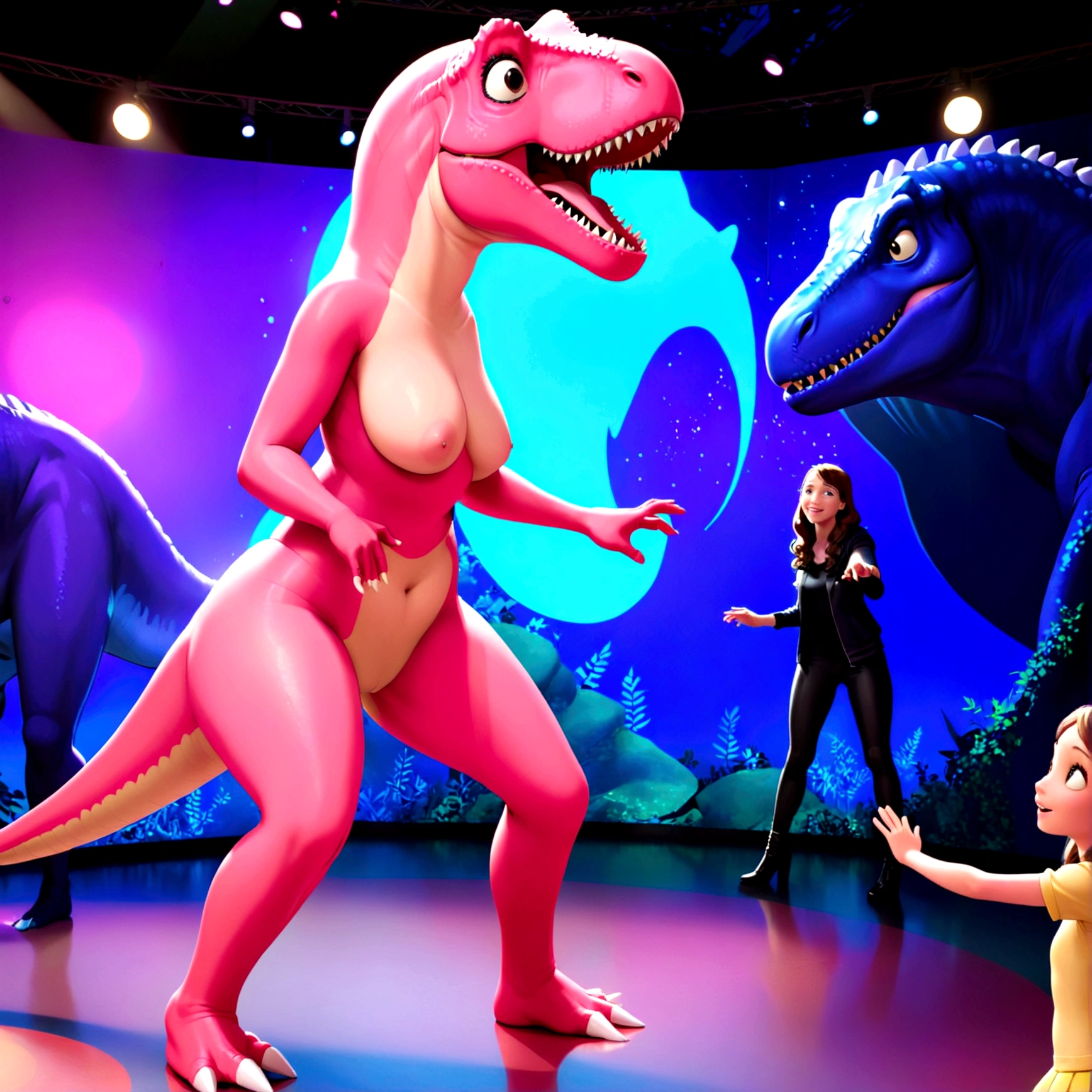 A pink man sized tyrannosaurus dances and plays with some human children, set in Disney land