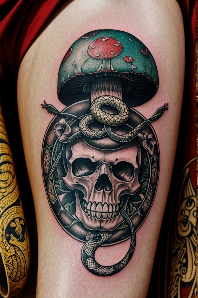 A mushroom tattoo, skulls and snakes