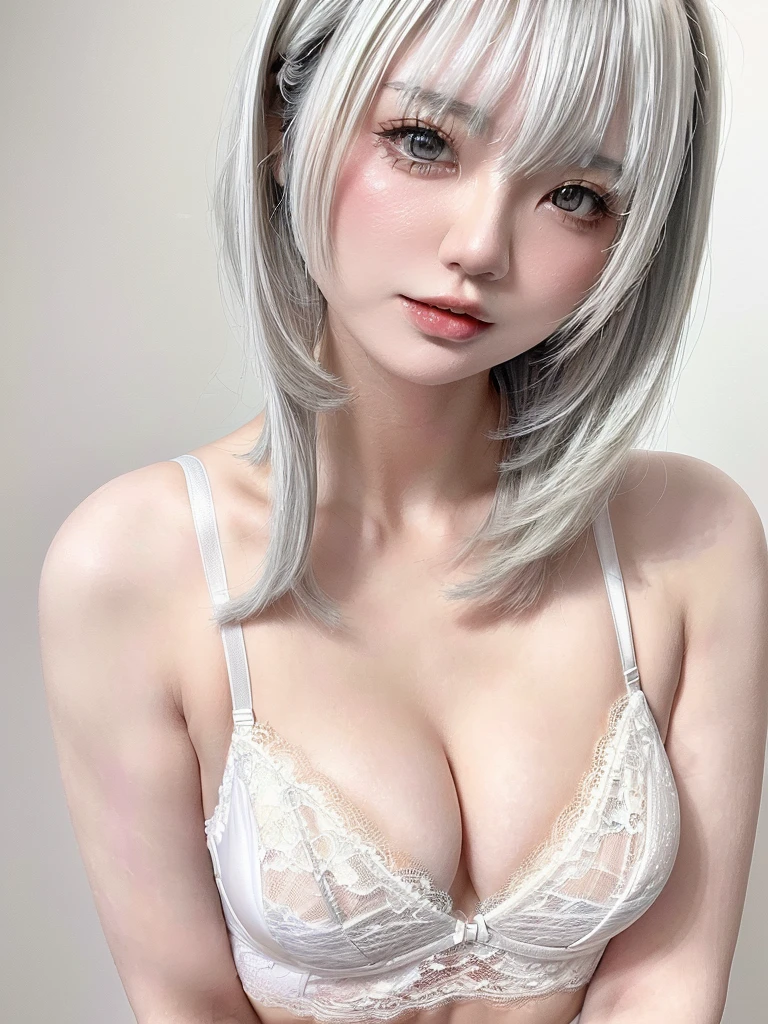 (((amount、white 、Asian woman、beautiful girl、、Silver Hair、white Background、)))、Tabletop, Highest quality, shape, Very detailed, finely, High resolution, 8k wallpaper, Perfect dynamic composition, finelyて美しい目, Deco Out, ((Medium hair 1.5)),((( Small breasts 1.5,Slender Body Type 1.5)))、 Natural color lip,white Background, Random cute poses,、(((Lace bra 1.5)))、、whiteのハイレグ1.4、(((Feel the ecstasy 1.5、Peak of Ecstasy 1.5)))