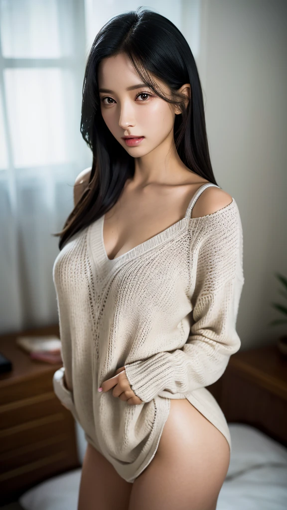 half sweater, thong, sexy body, bedroom, black hair, extremely detailed eyes, extremely detailed face, best quality, extremely detailed, one person, one girl, ultra-detailed, (realistic, photo-realistic:1.3)