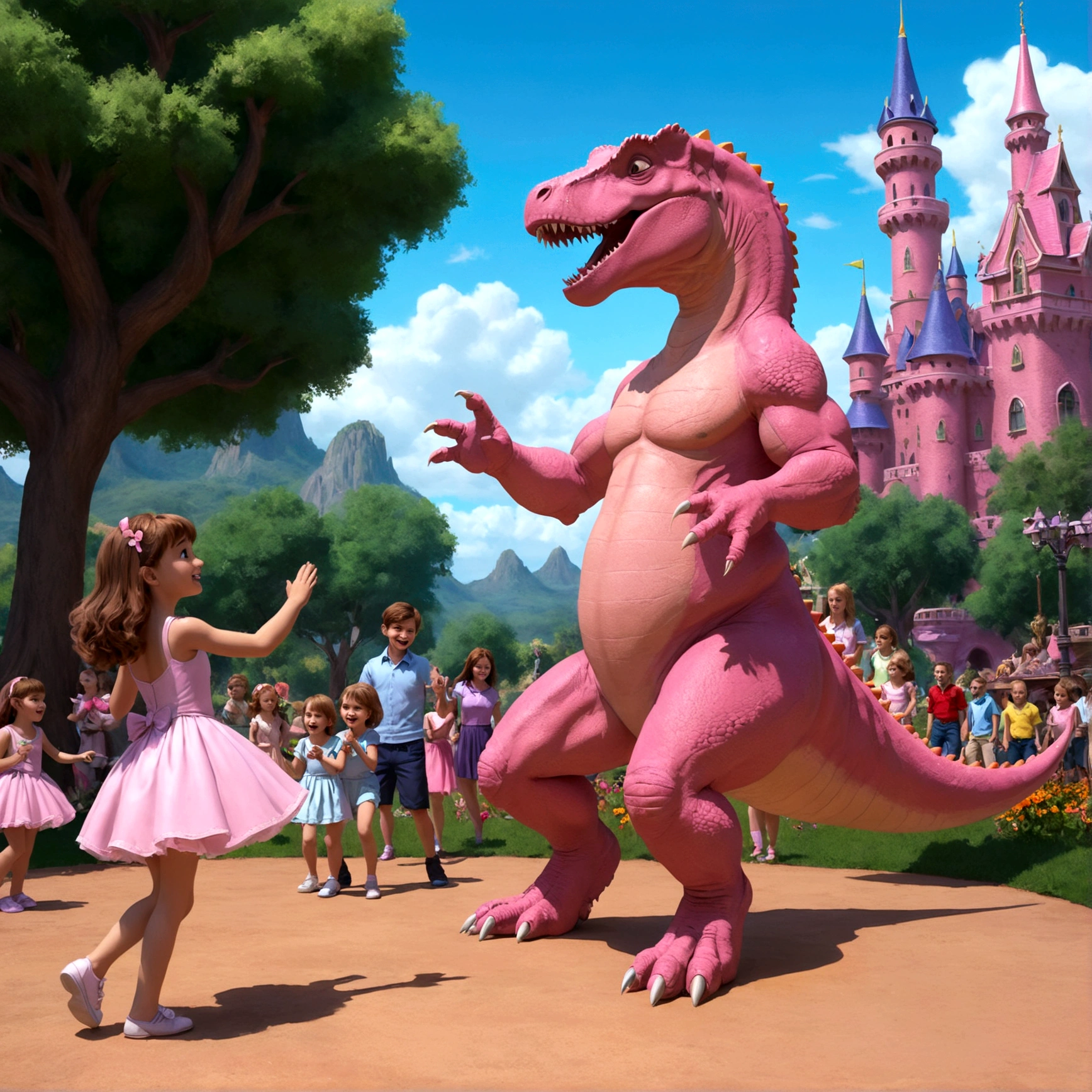 A pink man sized tyrannosaurus dances and plays with some human children, set in Disney land
