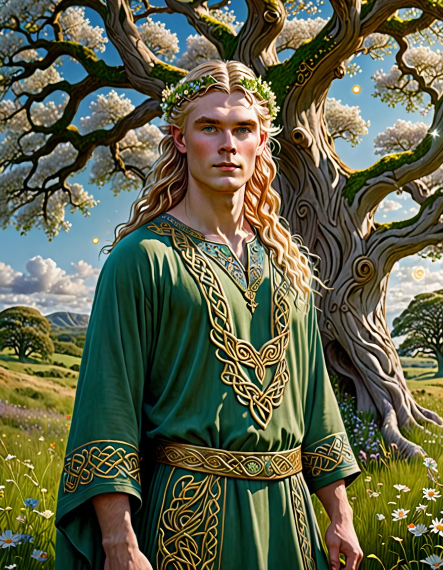 Perfect realistic highly detailed impainting 3D photography of Aengus, the Celtic God of love, youth, beauty and dreams, in a beautiful meadow. He is standing under an ancient oak tree, whose branches are adorned with bright, sparkling flowers. Her golden hair flows softly in the wind, and he wears a tunic embroidered with symbols of love and stars.