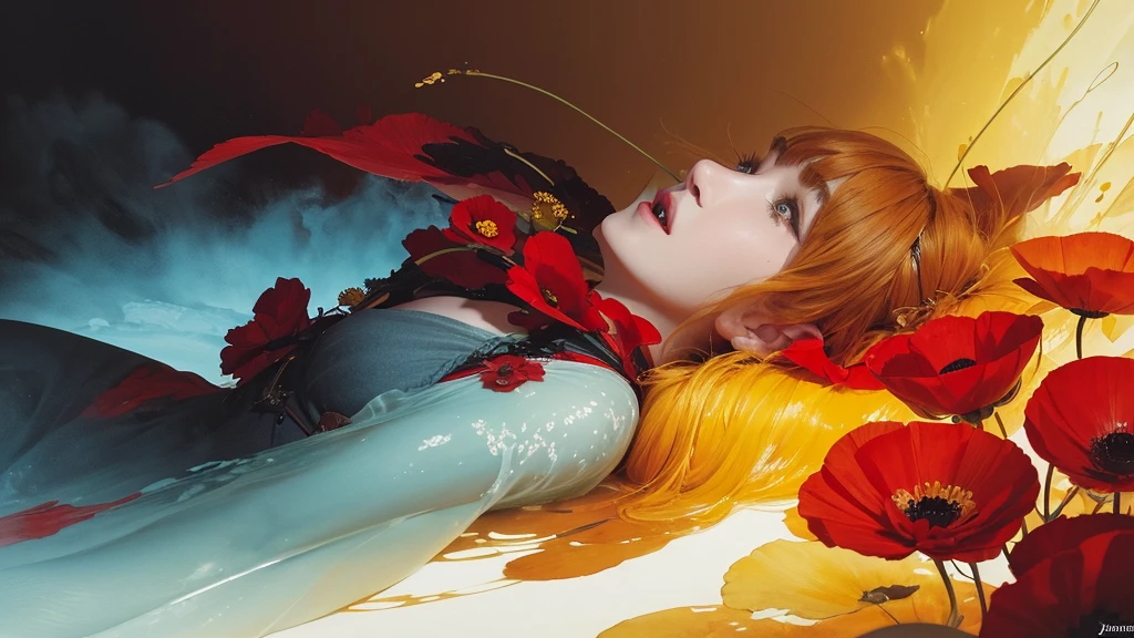32k, Masterpiece, Highest quality, One girl, Detailed eyes, flower,Iceland Poppy, Red and yellow style,A dreamy, romantic piece,Pale yellow, Mysterious Leaves,A playful arrangement,Fantasy,High Contrast,Ink strokes,explosion,Exposure, Impression of red and yellow tones,Abstract,((Watercolours by John Berkey and Jeremy Mann )) Brush strokes,Negative Space, Tyndall effect,