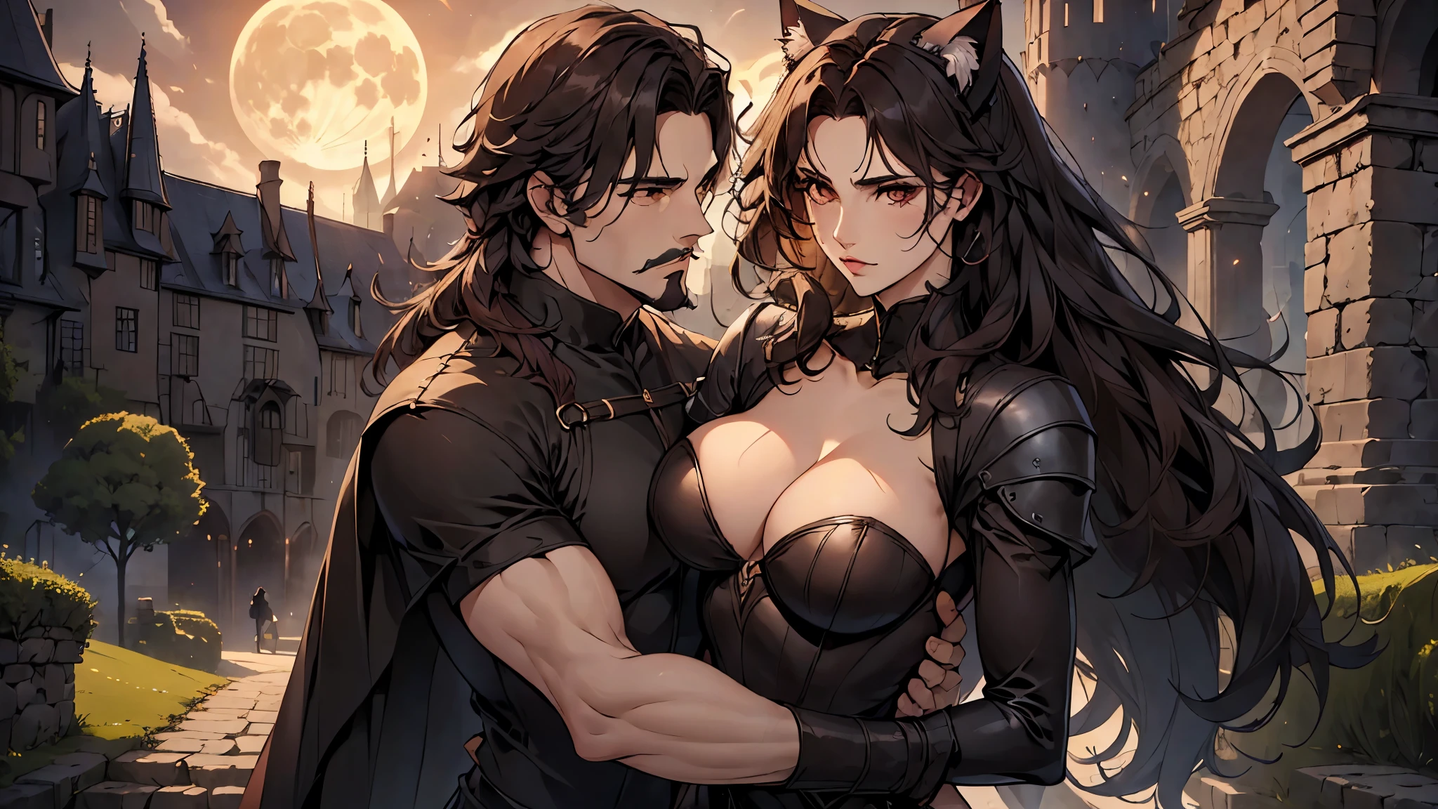 (((a man and woman couple posing dynamically, each one with their respective Lora)))At the heart of an incredibly realistic work of art., The neocruz man, or man , Midway transitions under the cover of night.. His muscles ripple and long black hair with a Count Dracula-style beard. , beautiful hugging woman.. He finds himself before an adult vampire junkotvv woman with (cat ears)., Her sleek leather outfit hugs her curves in a seductive way. its length, cabello negro con cat ears cae en cascada por su espalda, covering his face while putting up fierce resistance.. The captivating scene comes to life through fantastic realism., with every detail meticulously represented for the best sensory experience at night and under a full moon, on the outskirts of a gothic style castle.