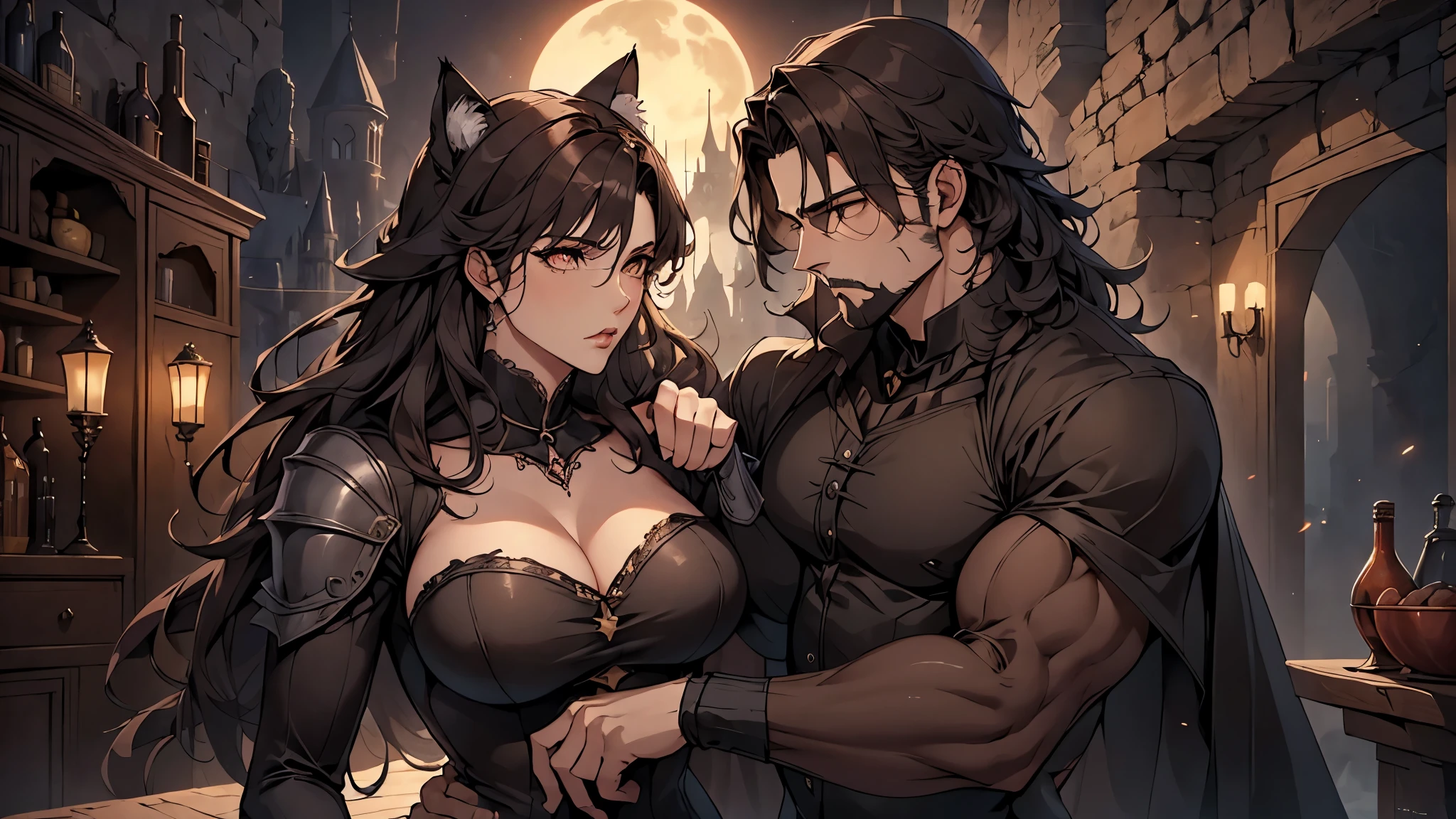 (((a man and woman couple posing dynamically, each one with their respective Lora)))At the heart of an incredibly realistic work of art., The neocruz man, or man , Midway transitions under the cover of night.. His muscles ripple and long black hair with a Count Dracula-style beard. , beautiful hugging woman.. He finds himself before an adult vampire junkotvv woman with (cat ears)., Her sleek leather outfit hugs her curves in a seductive way. its length, cabello negro con cat ears cae en cascada por su espalda, covering his face while putting up fierce resistance.. The captivating scene comes to life through fantastic realism., with every detail meticulously represented for the best sensory experience at night and under a full moon, on the outskirts of a gothic style castle.