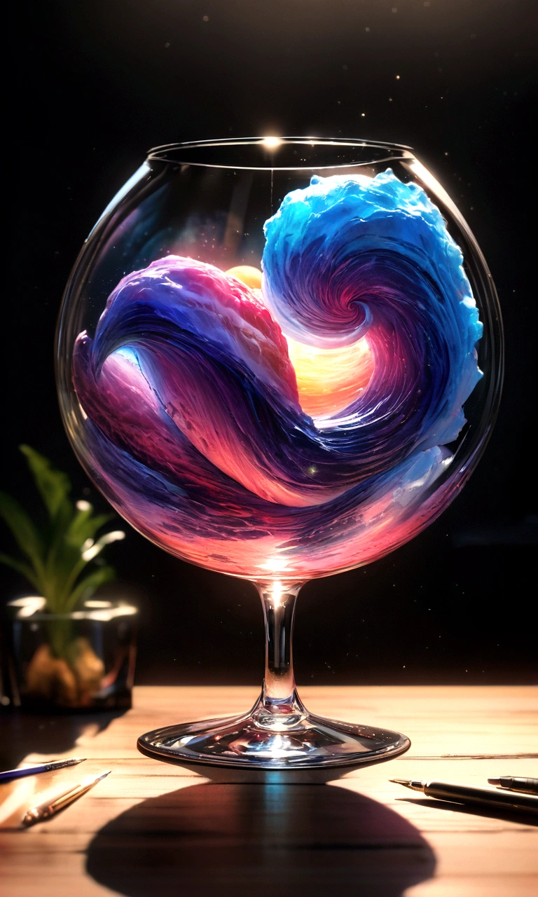 The Universe in a Cup, The entire universe exists inside a crystal......, Planets and galaxies in glass, Wooden Dining Table, Ultra-realistic, Very detailed, Dramatic lighting, 4K, Ultra HD, Realist, Bright colors, and, UHD Drawing, Pen and ink, Perfect composition, beautifully、Intricately detailed、Incredibly detailed octane makes art station trend, 8K Art Photography, Arte conceptual fotorRealist, Perfect cinematic light with soft, natural volume
