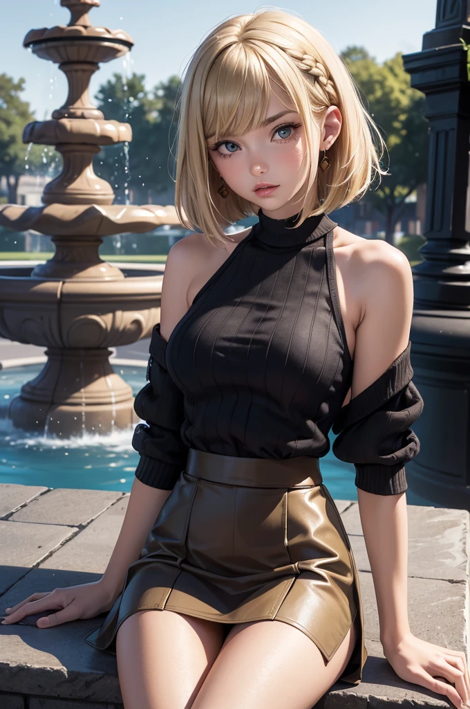 best quality, super fine, 16k, incredibly absurdres, extremely, cute European Caucasian woman, 24 years old, captivating look, aroused expression, blonde long bob cut, wearing Burberry checked skirt, black tank top sweater with braided pattern, superlative body proportion, sitting in fountain plaza