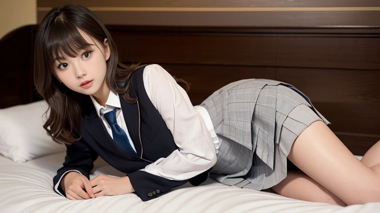(((On the bed at the love hotel:1.35)))、(((sleep:1.35)))、(((Spread your :1.35)))、(((:1.35)))、8K, Highest quality, The real picture, Intricate details, Very detailed, Ultra-high resolution, Depth Field,(Realistic,Realistic:1.2),Tabletop , Front shot , Shot in a fashionable café , girl, とても美しい17歳のgirl, Innocent big eyes,、Beautiful breasts:1.5、Very detailed目:1.2)、Wavy Hair、Curly Hair、bangs、, Perfect Skin, Fair skin, Tight waist, A slight blush,  View your viewers,((School_uniform),(blazer), (White shirt、Wear a tie), (Grey pleated skirt), (Sculptural installation :1.1), Urban cafe space, Customers enjoying the cafe