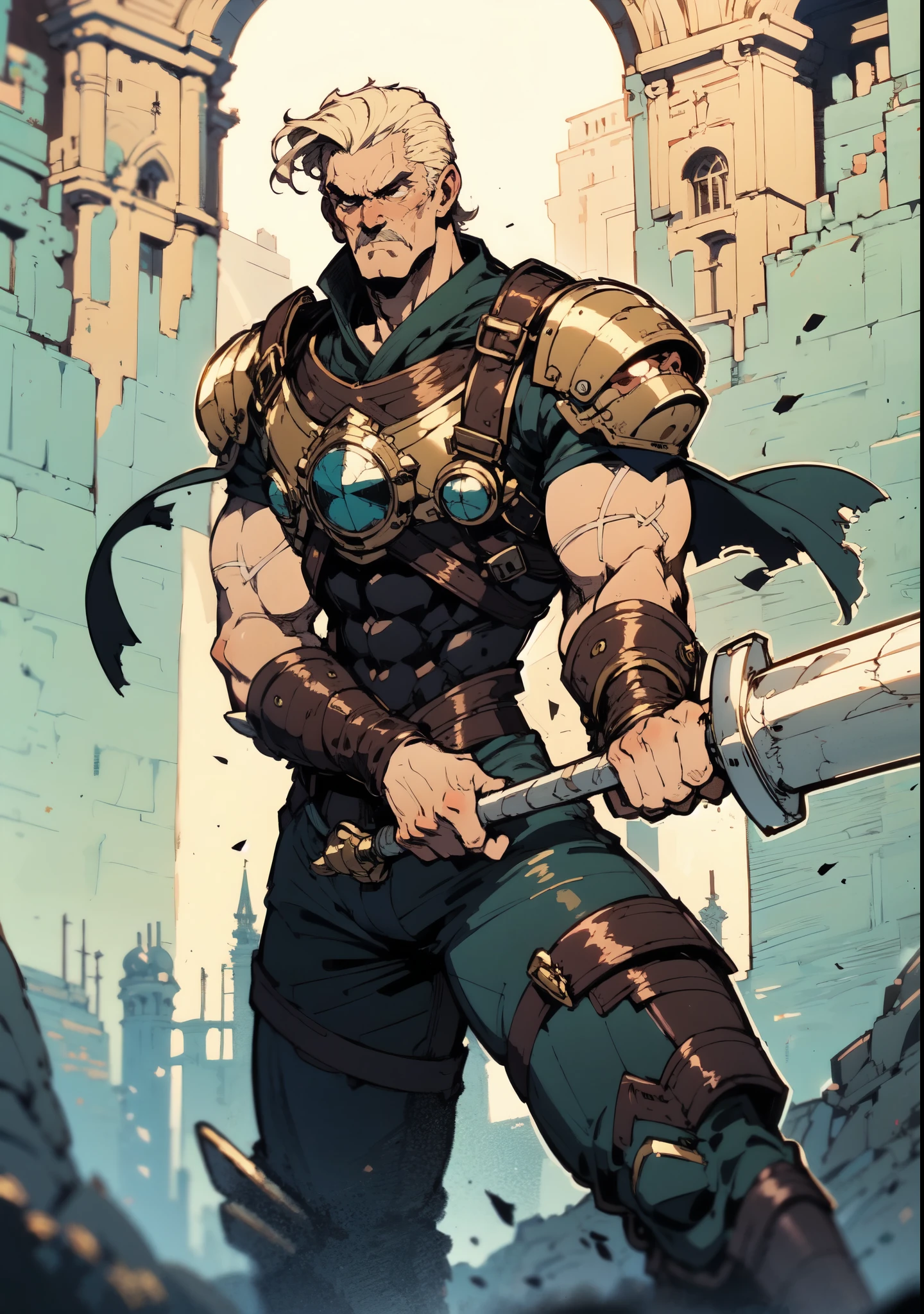 (masterpiece:1.2, best quality, extremely delicate, perspective, foreshortening, dynamic angle), a middle-aged man with slicked-back golden hair, a dignified face, deep eyes, a mustache on his upper lip, a focused expression, tall and muscular, covered in scars, fantasy-reality style warrior leather armor, ribbons tied around his arms, black iron bracers, dark cargo pants, holds a long-handled greatsword with both hands, standing guard in front of a fortress gate, this character embodies a finely crafted fantasy-realist style warrior in anime style, exquisite and mature manga art style, dramatic, high definition, highres, ultra-detailed, ultra-fine painting, professional, perfect body proportions, golden ratio, anatomically correct, symmetrical face, extremely detailed eyes and face, high quality eyes, creativity, RAW photo, UHD, 32k, Natural light, cinematic lighting, masterpiece-anatomy-perfect