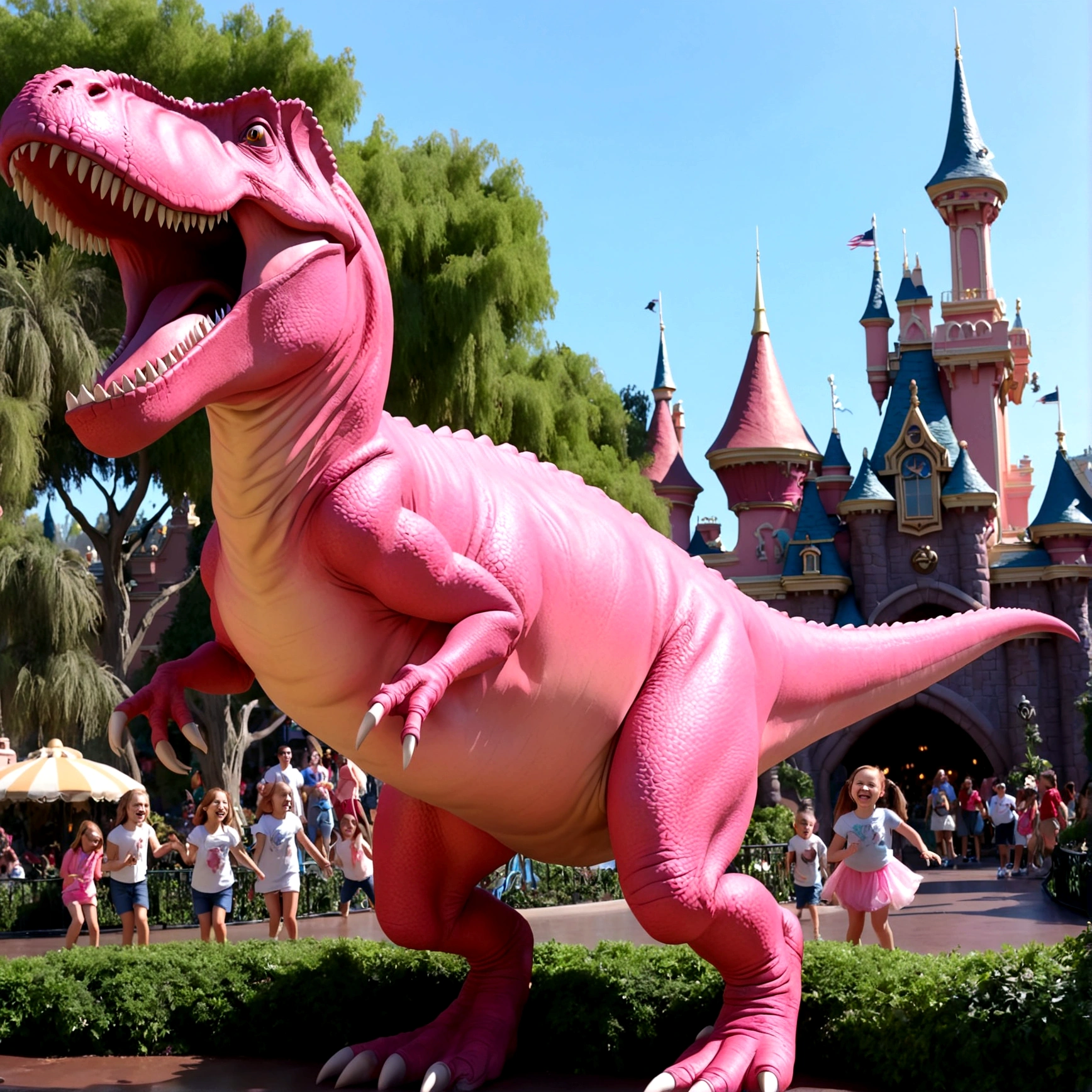 A pink tyrannosaurus rex dancing and playing with children in Disneyland, highly detailed, photorealistic, 8k, best quality, masterpiece, vibrant colors, cinematic lighting, dynamic pose, cute facial expressions, whimsical, magical, enchanting atmosphere, Disneyland theme park setting, lush greenery, colorful rides and attractions in the background