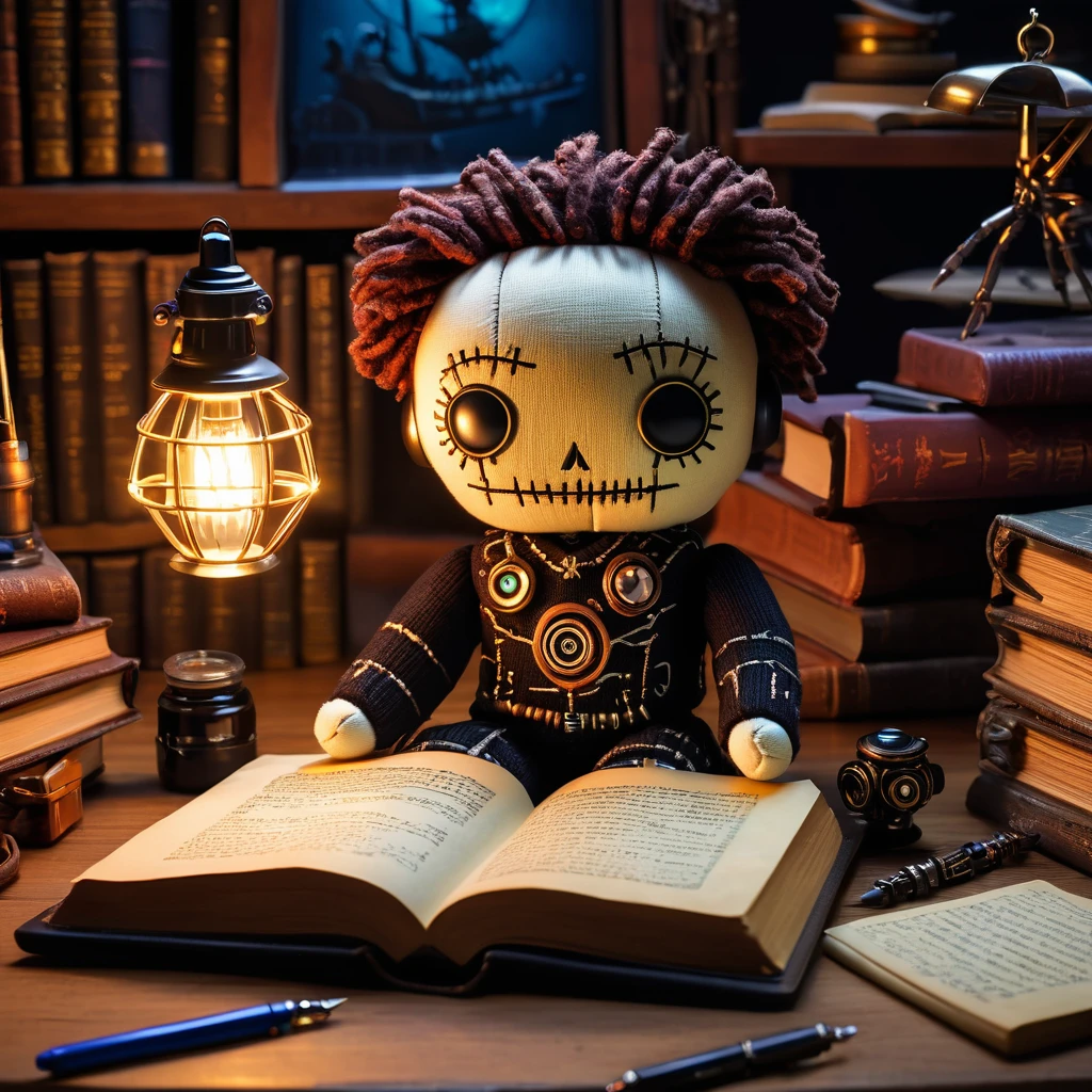 (knitted toy voodoo doll:1.2), (Voodoo Sci-Fi Writer:1.3), (Clothing: casual outfit with glowing sci-fi symbols:1.0), (Accessories: enchanted typewriter, glowing manuscript, magical ink pen:1.2), (background: cluttered writer's desk with floating ideas, glowing book covers, and mystical inspiration:1.2), best quality, masterpiece, detailed soft oil painting, detailed background, dramatic cinematic lighting, soft edge lighting, professional, dramatic lighting, hard edge lighting, ultra quality, 4k,masterpiece, best quality, 8k, ultra highres, highres, extremely detailed