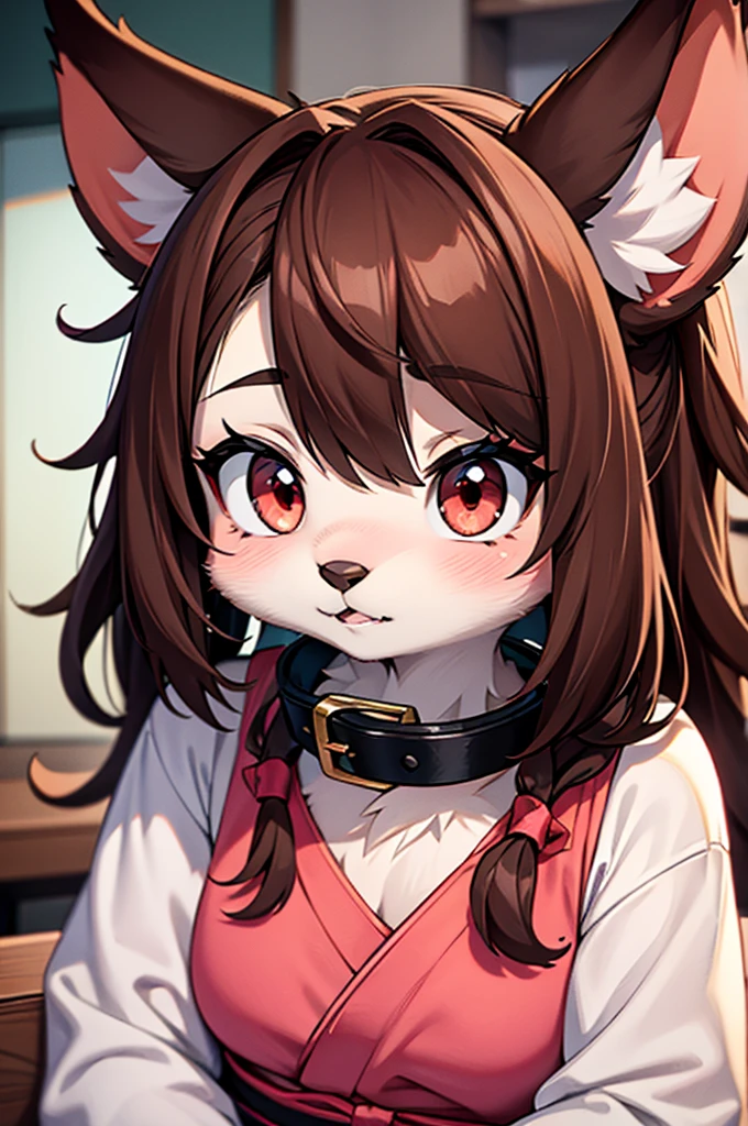 young furry cute little bunny girl with long messy brown hair, RED eyes, wearing a black and red Japanese , wearing a pink pet collar