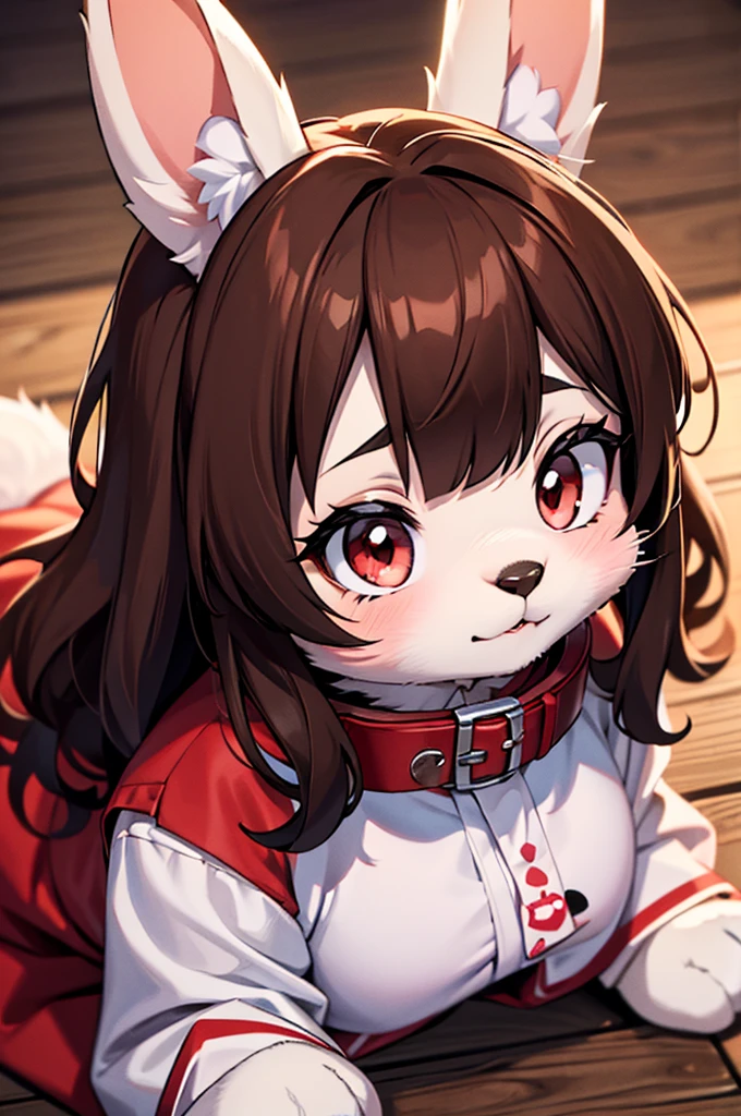 young furry cute little bunny girl with long messy brown hair, RED eyes, wearing a black and red Japanese , wearing a pink pet collar